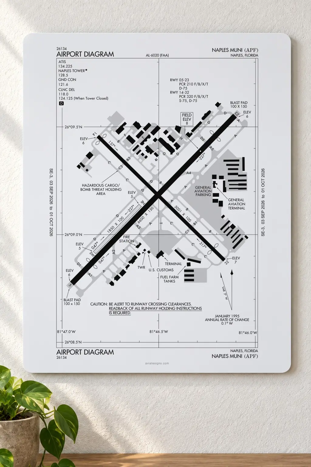KAPF Naples airport diagram sign hung on a cream wall