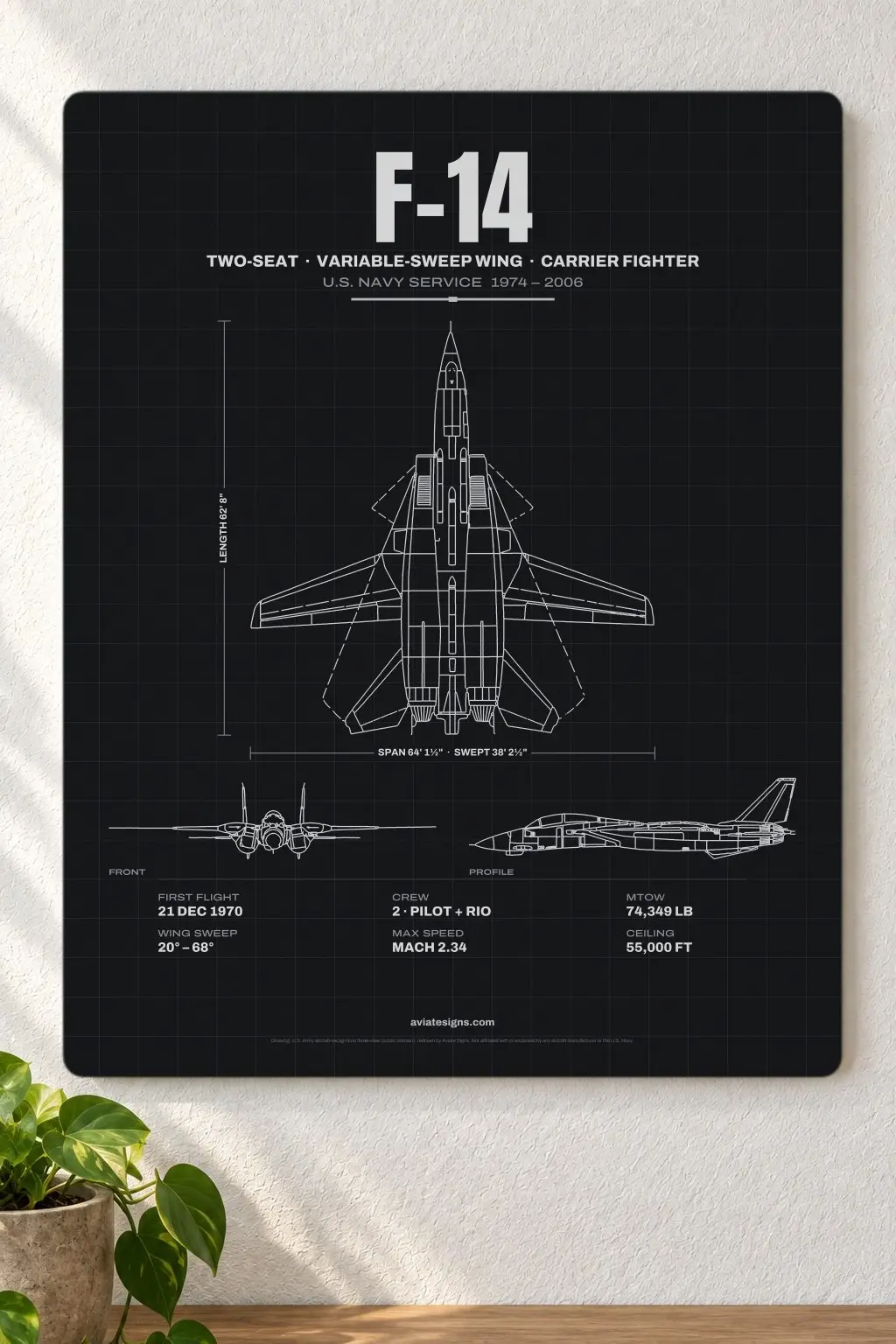 F-14 Technical Series sign, black 16x20 aluminum, hung on a wall